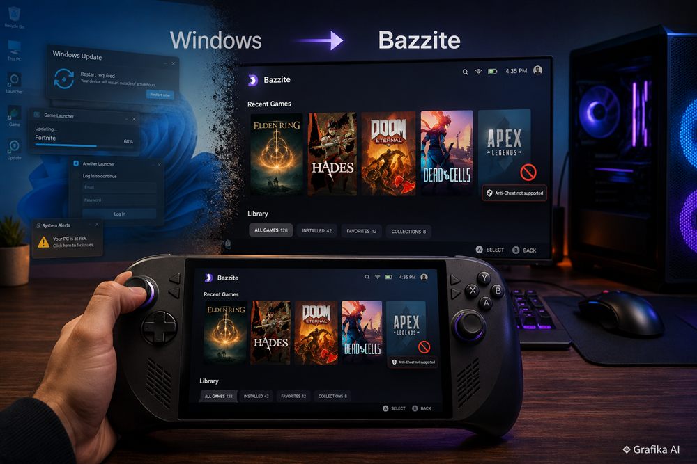 Bazzite na handheldzie i komputerze gamingowym – grafika AI